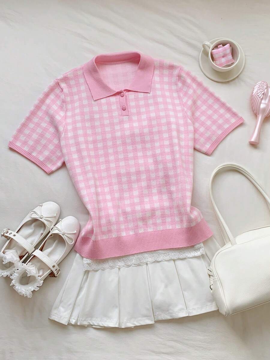 Comfortcana Women's Plaid Button Half-Placket Short Sleeve Knit Top - Pink - View 1