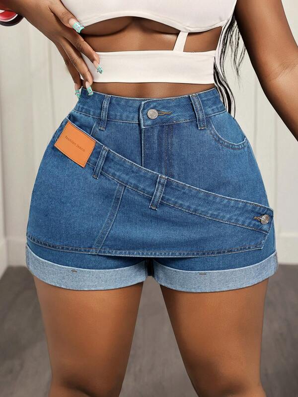 BamGleam Women's Outdoor Fashion Wide-Leg Cuffed Blue All-Season Denim Shorts