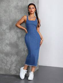 SHEIN Tall 女款方領露肩修身彈性牛仔中長洋裝，適合派對與節日，適合高個女性 - 藍色 - 查看 3