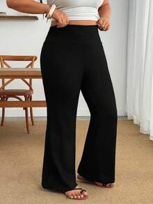 SHEIN PETITE CURVE 大尺碼女款休閒黑色高腰喇叭褲 秋季 - 黑色 - 查看 6