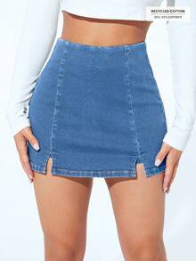 SHEIN PETITE Casual Washed High Waist Slit Denim Shorts ,Petite Women - Blue - View 10
