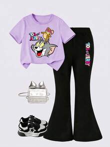 TOM & JERRY X SHEIN GraphicGems 少女休闲卡通字母印花短袖T恤和喇叭裤套装，适合春、夏、秋季穿着。 - 紫色 - 查看 7