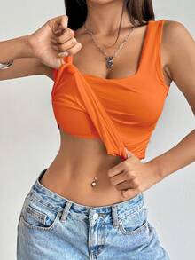 Flirla Solid Color Pleated Square Neck Casual Fitted Tank Top, Summer - Orange - View 5