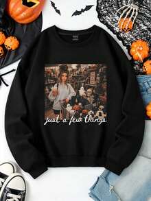 SHEIN LUNE Sweatshirt Lengan Panjang Wanita Kasual Serbaguna untuk Sehari-hari dengan Gambar Karakter - Hitam - View 3