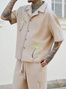 Devon Thys 2 件男士休闲宽松短袖衬衫和松紧腰直筒短裤套装，舒适服装 - 駝色 - 查看 3