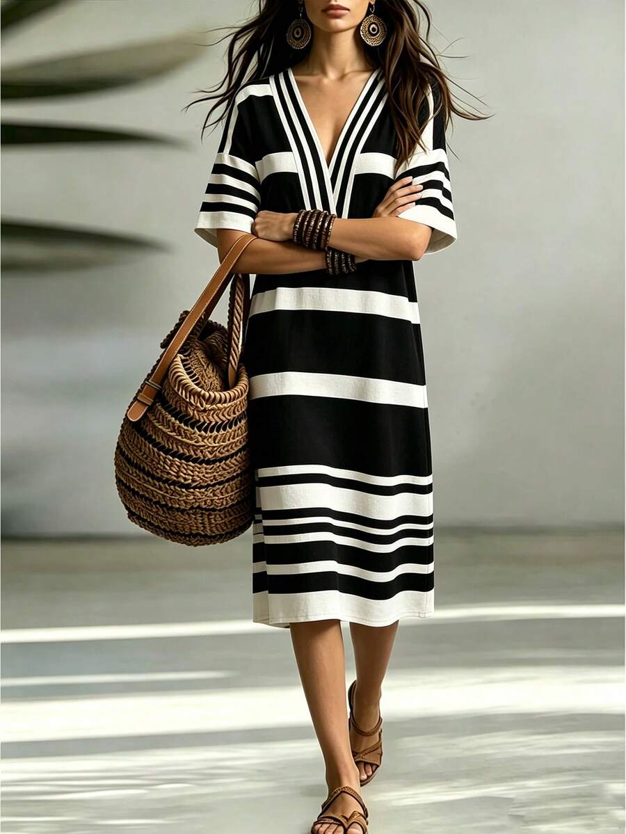 Linhara CURVE Plus Size Women's Summer Casual V-Neck Striped Woven Dress - Black - View 1