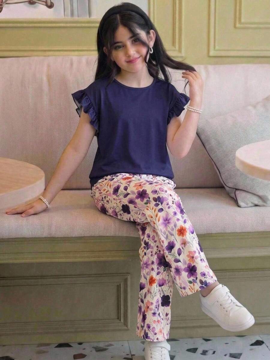 SHEIN 兒童青少年女孩休閒針織提花插肩袖拼接荷葉邊下擺T恤與碎花長褲2件套,休閒度假通勤時尚 - 紫色 - 查看 1