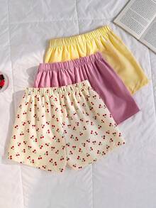 SHEIN 青少年女孩春夏度假海灘游泳居家多用途舒適田園風亞麻條紋寬鬆梭織短褲，2件組，適合多種場合 - 彩色 - 查看 2