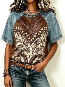 SHEIN LUNE Plus Size Women's Denim Effect Print Fashion Round Neck Short Sleeve Top - Multicolor - View 4