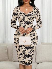SHEIN Lady 女款花卉印花長袖方領修身中長洋裝，優雅休閒，適合派對、早午餐、生日、夜生活、婚禮賓客正式場合，米色，秋季 - 杏色 - 查看 1