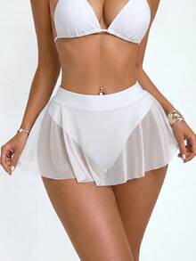 Swim Basics 女款比基尼三角褲褶皺裙，波浪荷葉邊下擺網紗罩裙，修身顯身材 - 白色 - 查看 3