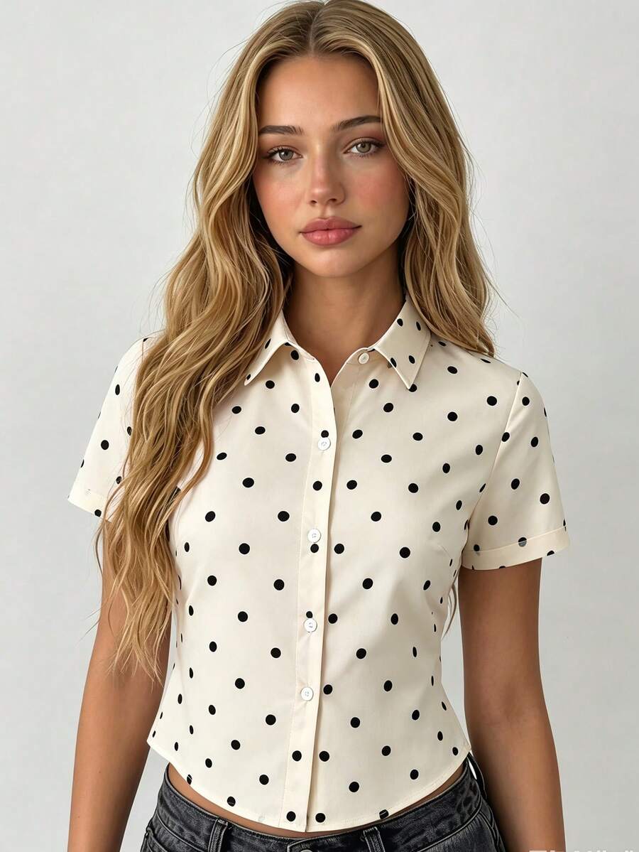 SHEIN 青少年女孩休閒百搭日常通勤修身收腰短袖短版白色襯衫 - 白色 - 查看 1