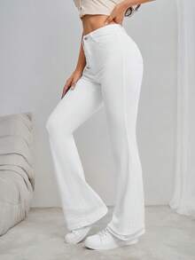 SHEIN Tall Women's Flared Daily Casual Jeans With Pockets,White Leggings, Flared Pants, Christmas, Valentine's Day, New Year, New White Jeans, Tall Women - White - View 3