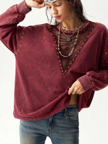 Bohemela Casual Grunge Solid Color Knit Round Neck Long Sleeve Loose Washed Women's Sweatshirt Concert Burgundy Autumn - Burgundy - View 9