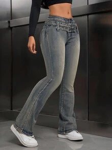 SHEIN Tall 女款街頭風低腰扣環喇叭褲牛仔褲，適合高個女性 - 淺色水洗藍 - 查看 4