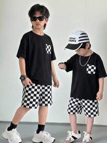 SHEIN 2pcs Kids Tween Boy Casual Q-Checkerboard Sporty Style Loose Knit Crew Neck T-Shirt And Knit Shorts Set, Suitable For Spring/Summer Home And Outdoor Wear - Black - View 4