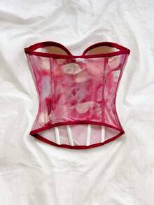 Soleia Ink Wash Gradient Bow Elastic Mesh Ruched Fishbone Bustier - Red - View 2