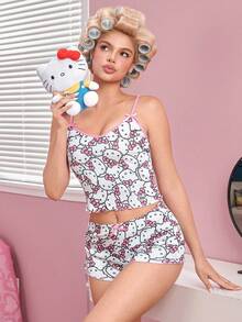 HELLO KITTY AND FRIENDS | SHEIN 女款卡通印花細肩帶背心與平口短褲睡衣套裝 - 粉色 - 查看 3