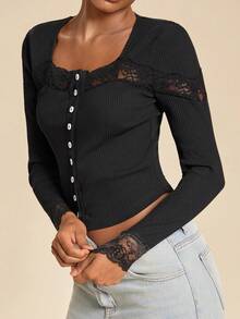 Travachic Women's Lace Patchwork Single-Breasted Slim Fit Versatile Daily Casual Elegant T-Shirt Everyday Date Black Autumn - Black - View 5
