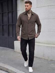 Manfinity CasualCool 男士純色單排扣休閒百搭日常穿著襯衫 - 咖啡棕 - 查看 4