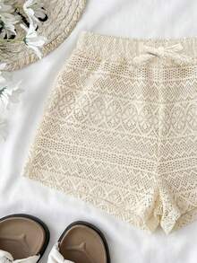 SHEIN Teen Girl Solid Color Jacquard Wavy Hem Hollow Out Casual Shorts,Kids - Apricot - View 6