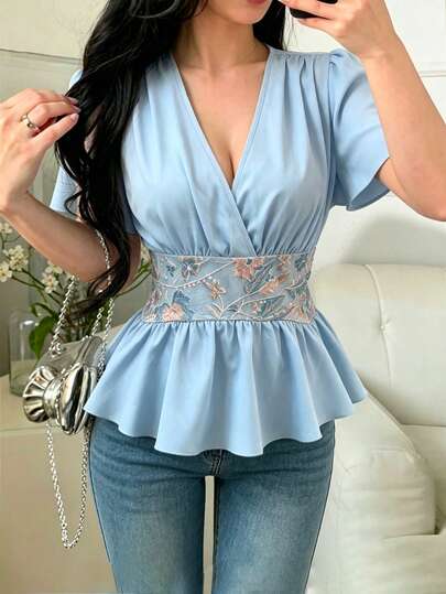 Celisse Lotus Leaf Sleeve Cinched Waist Small V-Neck Embroidered Pleated Elegant Commuter Fashion Blouse