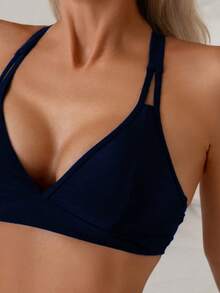 SHEIN Swim 女款純色交叉後綁帶比基尼上衣，極簡休閒風 - 藏蓝色 - 查看 4