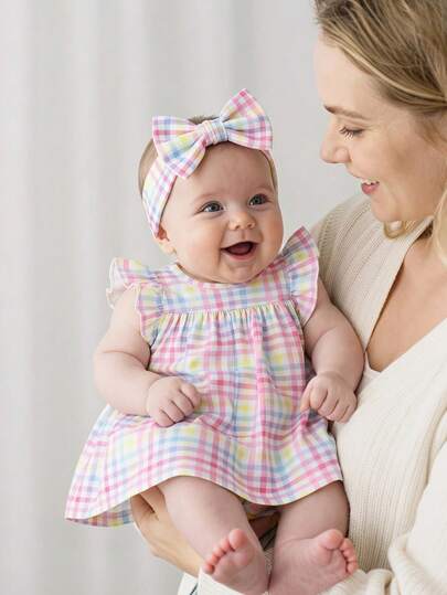 SHEIN Newborn Baby Girl Summer Cute Sleeveless Knit Dress Colorful Ruffled Trim A-Line Doll Silhouette
