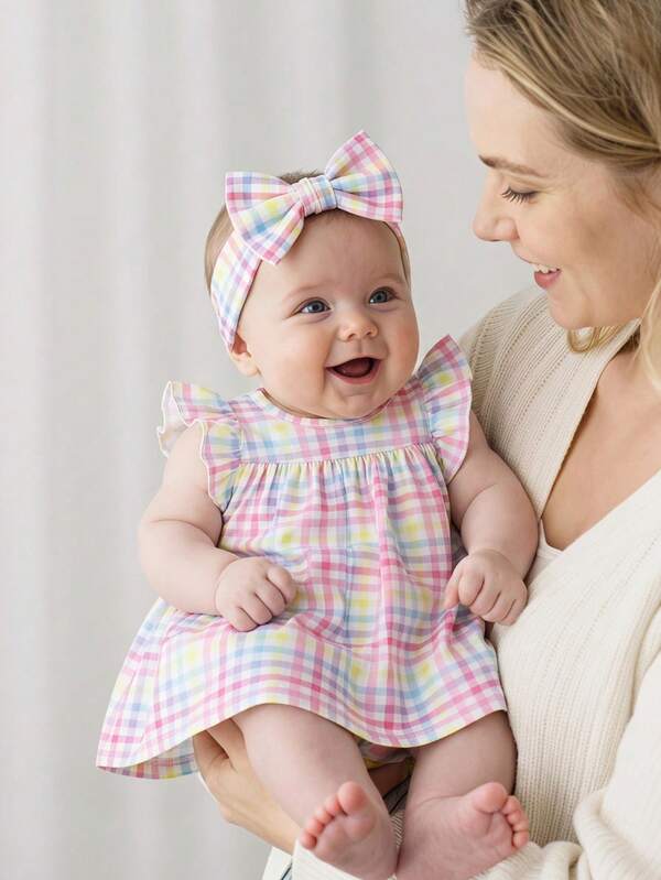 SHEIN Newborn Baby Girl Summer Cute Sleeveless Knit Dress Colorful Ruffled Trim A-Line Doll Silhouette