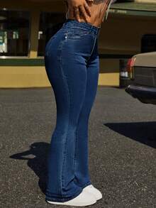 SHEIN PETITE Women's Front Button Pocket Minimalist Style Jeans, Casual Everyday ,Petite Women - Dark Wash - View 6