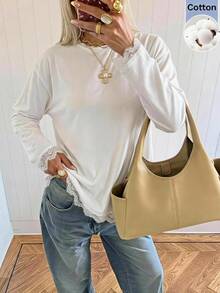 SHEIN EZwear 白色針織女款圓領長袖對比蕾絲T恤 - 白色 - 查看 9