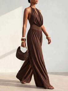 SHEIN x Rafa Kalimann Zivah Women's Solid Color Draped Neck Cowl Neck Fashion Jumpsuit For Vacation - Brown - View 6