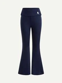 Celana Panjang Kasual Serbaguna untuk Remaja Perempuan, Cocok untuk Sehari-hari, di Rumah, Kebugaran, Olahraga, Yoga, dengan Motif Cetak dan Pinggang Terlipat - Navy Blue - View 4