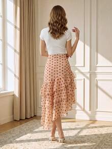 Suri Mira Falda Romántica Francesa Elegante Retro con Patrón de Lunares Marrones, Volantes Multicapa y Dobladillo Asimétrico, para Citas, Té de la Tarde, Fiestas y Aire Libre, Verano/Otoño - Rosa coral - Ver 3