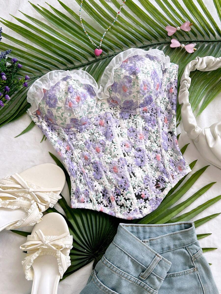 Soleia 女款浪漫度假上衣 春夏款 雛菊刺繡紋理印花 3D花卉裝飾 Bustier 適合休閒約會 情人節 下午茶 公路旅行 城市度假 音樂節 派對 波希米亞嬉皮風 西部風 可內穿外穿 全季日常通勤 - 淡紫色 - 查看 1