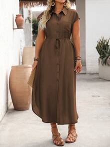 Ceyna Women's Single-Thread Bamboo Linen Shirt Dress With Front Button Placket, Chest Pocket, Waist Tie Bow, Curved Side Slits, Brown, Summer Casual Elegant - Coffee Brown - View 3