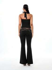 BABYPHAT Tie Neck Halter Crop Top With Gold Logo Print, Sleeveless Jersey Bandeau Style - Black - View 7