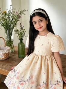 SHEIN Elladie kids 女童圓領短袖百褶滿版印花優雅花童夏季婚禮禮服 - 白色 - 查看 4