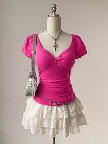 Attitoon Women's Solid Color Sweetheart Neck Short Sleeve Fitted Casual T-Shirt - Hot Pink - View 1