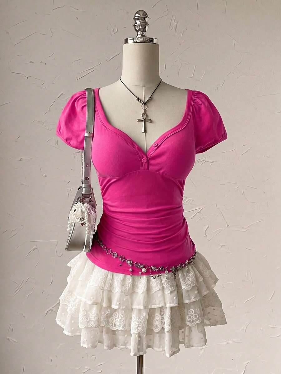Attitoon Women's Solid Color Sweetheart Neck Short Sleeve Fitted Casual T-Shirt - Hot Pink - View 1