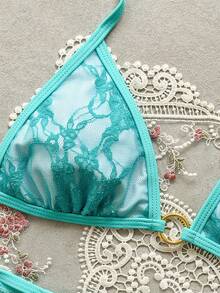 Swim Vcay 女款夏季海灘花卉刺繡圖案掛脖綁帶性感比基尼三角褲兩件式泳衣套裝 - 淺藍色 - 查看 3