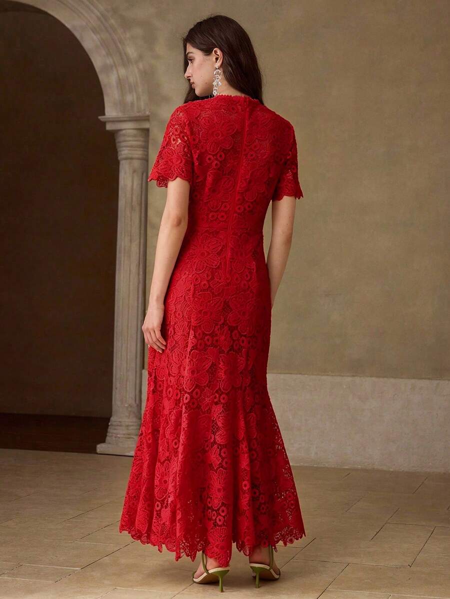 MOTF PREMIUM ELEGANT LACE MERMAID TAIL MIDI DRESS FOR WOMEN - Red - View 2