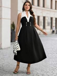 SHEIN Clasi CURVE Women's Plus Size Black And White Decorative Buckle Waist-Cinching Spring/Summer Dress Teachers' Day Formal Brunch Eleganza Elegant - Black and White - View 5
