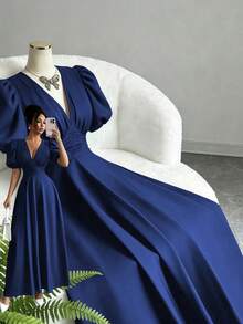 Elenzga Elegant Solid Color Petal Sleeve V-Neck Dress - Navy Blue - View 6