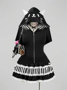 Sunspun 2pcs Sexy Black Animal Ear Cat Ear Hoodie & Striped Sweatshirt Jacket With Striped Cute Decor Half Skirt, Sexy Holiday Elegant Suitable For Festival Commute Outing Date Party Dark Punk Y2K Beach Outfit 2-Piece Set - Black and White - View 1