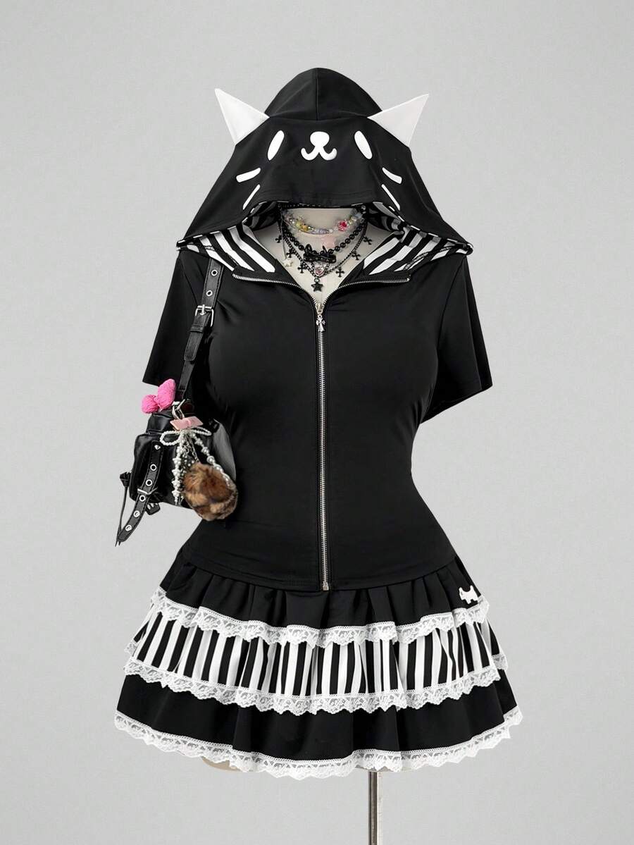 Sunspun 2pcs Sexy Black Animal Ear Cat Ear Hoodie & Striped Sweatshirt Jacket With Striped Cute Decor Half Skirt, Sexy Holiday Elegant Suitable For Festival Commute Outing Date Party Dark Punk Y2K Beach Outfit 2-Piece Set - Black and White - View 1