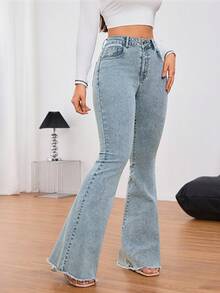 SHEIN Tall 女款口袋喇叭休閒百搭牛仔褲，適合高個女性 - 霧霾藍 - 查看 3