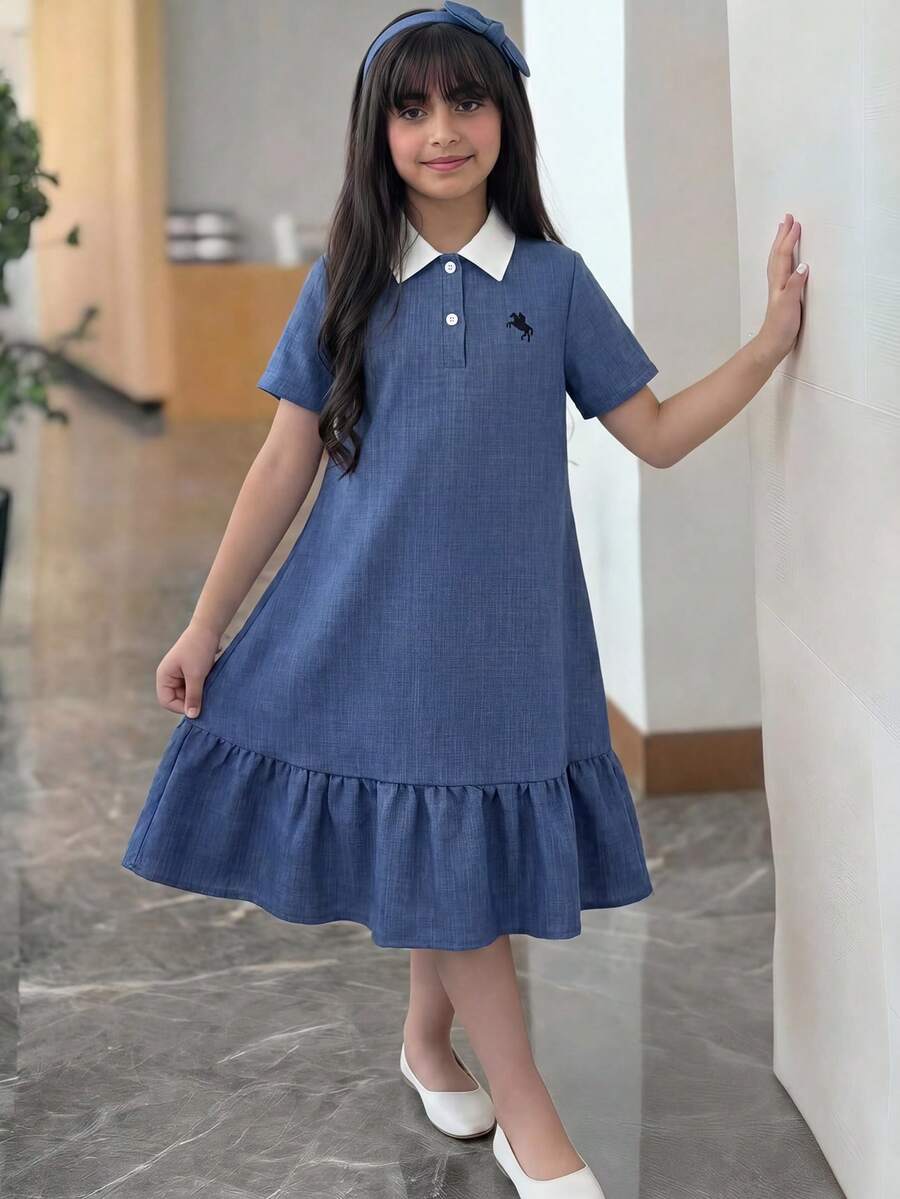 Tween Girl Casual Comfortable Stand Collar Colorblock Ribbed Solid Color Dress, Back To School, Princess Dress, Back To School, Suitable For Graduation Prom, Birthday Party, Y2K, Fashion Street Personality, Sweet Cool Girl KIDS Blue - Blue - View 1