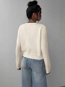 SHEIN BASICS 女款夏季休閒極簡度假風 優雅浪漫復古風 對比色貝殼刺繡領口與袖口開襟衫 通勤 音樂節 海灘 度假 夏季 - 彩色 - 查看 2