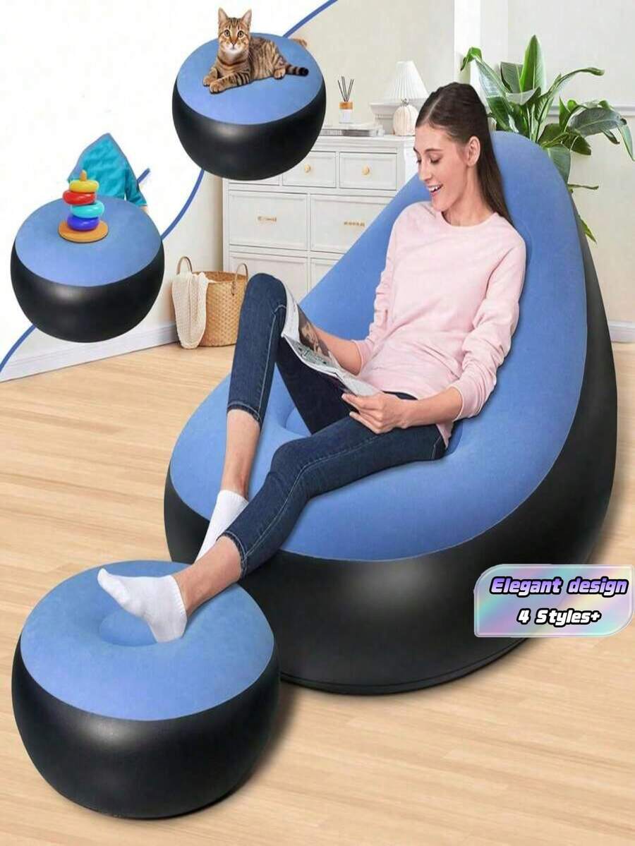 Inflatable Chair With Footstool, Flocked Surface Inflatable Sofa For Adults, Comfortable Inflatable Air Cushion Chair, Waterproof Portable Inflatable Sofa, Inflatable Sofa For Camping - Chair - View 1
